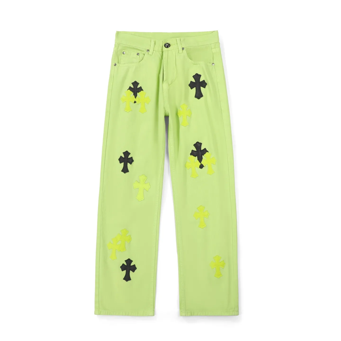 P260 Chrome hearts CH green cow king Yang Mi's same style sex recods limited green cow jeans. Really restores the ultimate texture of Vintage. Italian special cowhide print and cut. Customized sheepskin three-layer thick line leather. The whole is spliced in heavy water washing process. Craftsmen hand-splash ink. You can see the details. Three-dimensional cutting version. Loose and comfortable. Not picky about the figure. Makes taller and slimmer. Seiko factory. Original quality control. Same style for men and women. Can be matched with couples. Versatile recommendation. Essential jeans for all seasons Color: Green Size: S-XL
